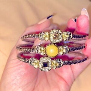 3 stainless steel twist cable bracelets, faceted w/ stones 💛❤️🤍